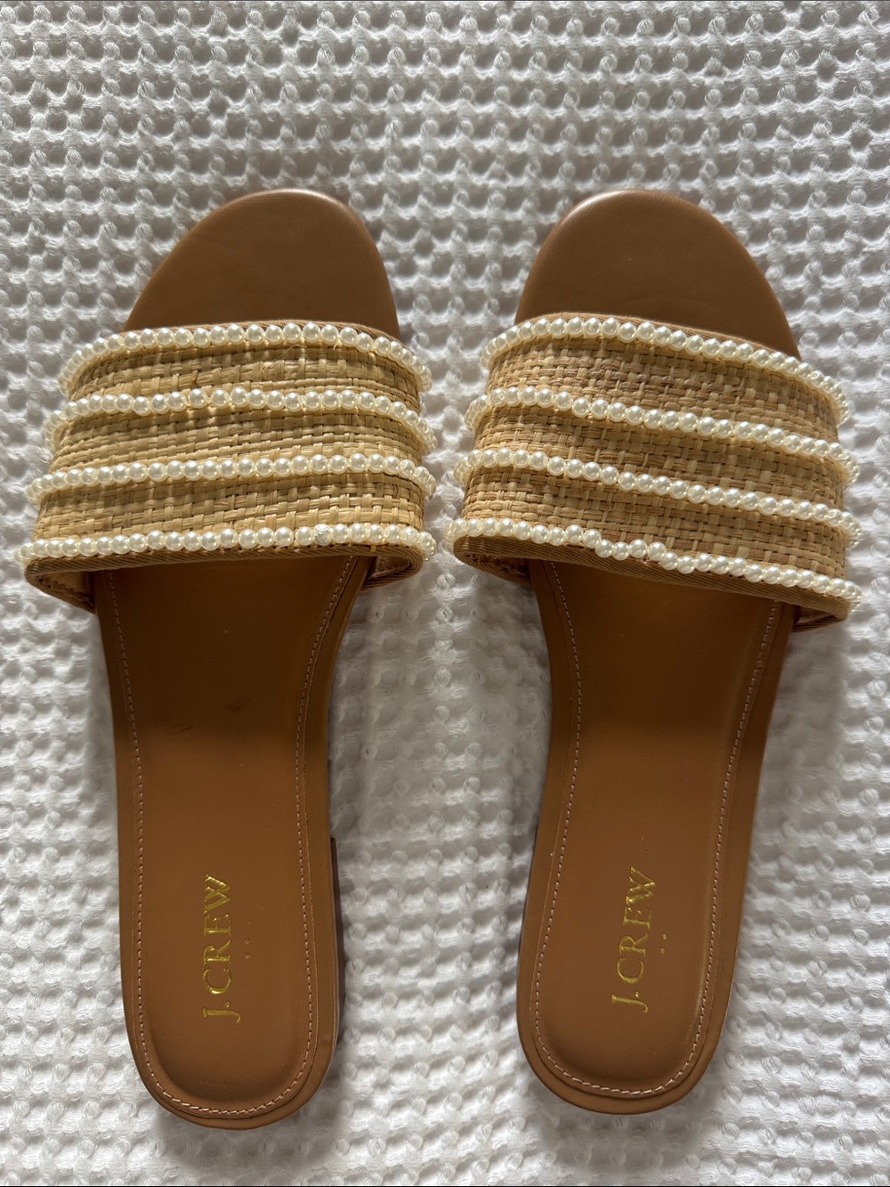 J. Crew Tan Raffia Pearl-Trim Slide Sandals